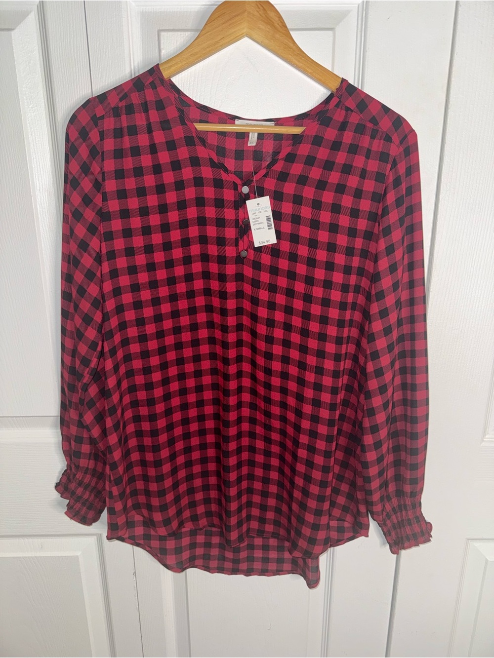 Maurices Red and Black Plaid Long-Sleeve Blouse